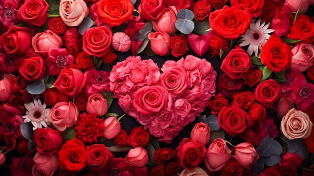 A close-up shot capturing the vibrant colors of fresh Valentine's Day flowers, like red roses and tulips, against a textured, floral-themed backdrop. AI generated