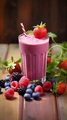 A delightful berry smoothie with a medley of fresh berries, set against a textured wooden surface. The natural backdrop is perfect for featuring your smoothie's flavor. Vertical format. AI generated
