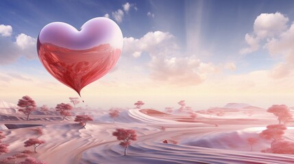 Fototapeta premium An abstract landscape featuring a heart-shaped element amidst a surreal, dreamlike background, with designated areas for text. AI generated
