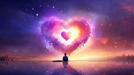 An illustration blending abstract heart imagery with serene meditation scenes, offering space for text to promote the benefits of relaxation and mindfulness in heart care. AI generated