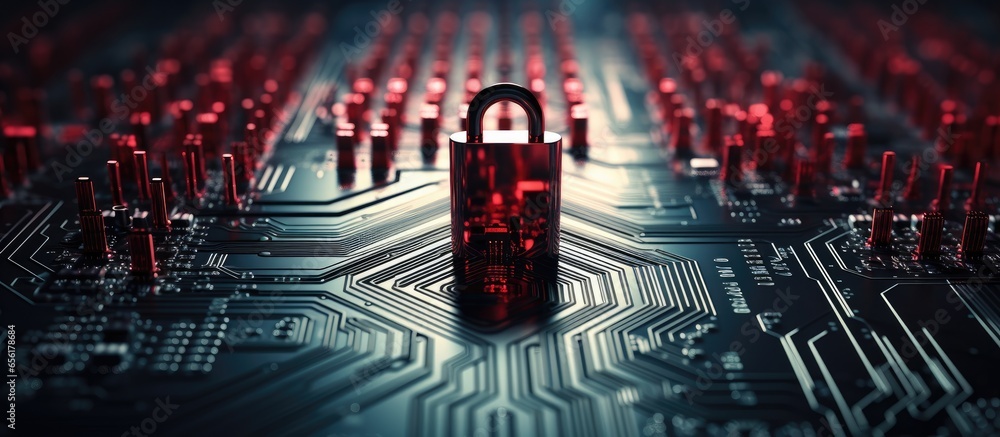 Poster symbol of hacking on open red padlock on computer board