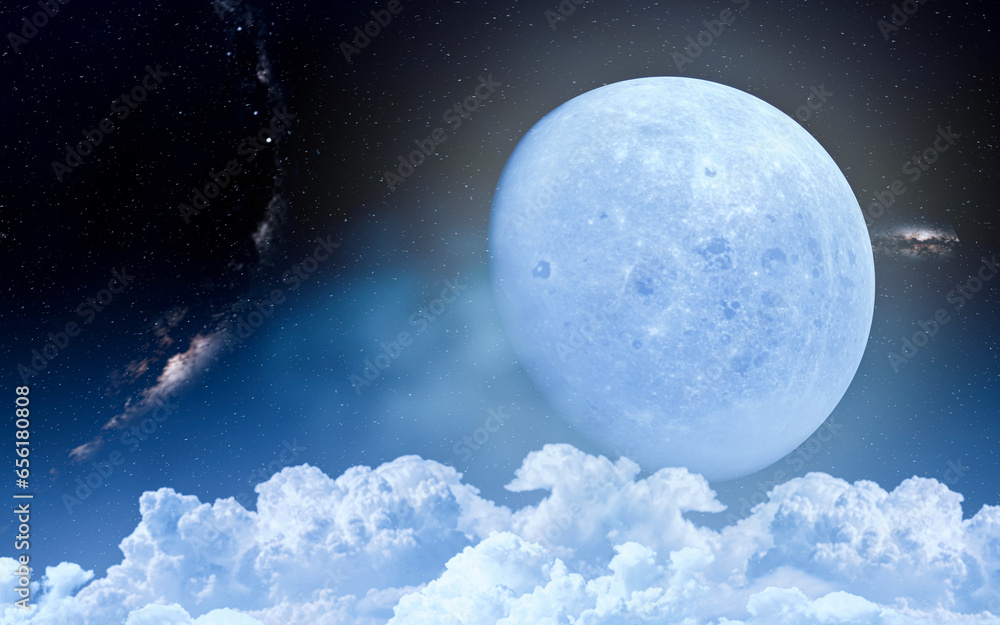 Wall mural the sky or space has a large moon. cumulus clouds cover the large lunar surface and the constellatio
