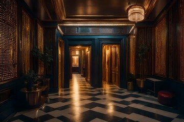 A command that generates concepts for a vintage Hollywood-inspired home corridor.