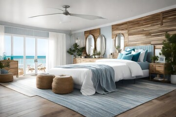 A coastal-themed bedroom with beachy decor.