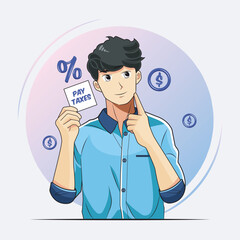Tax Day. Young man thinking and holding reminder paper with pay taxes message vector illustration