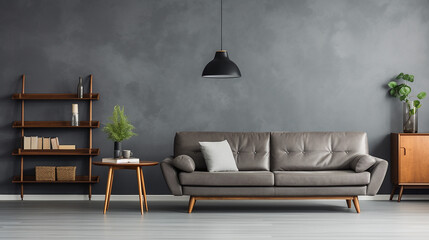 Retro style in beautiful living room interior with gorgeous sofa. interior design illustration generative AI