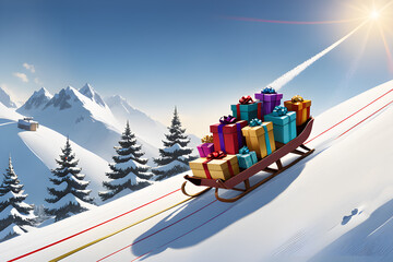 A sled piled high with gifts gliding down a hill. Santa sleigh with piles of presents - obrazy, fototapety, plakaty
