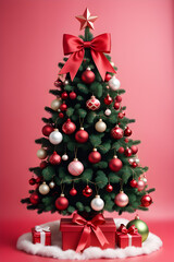 Decorated Christmas tree with red bows, ornaments and gifts