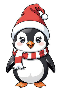 A penguin wearing Santa hats and scarves