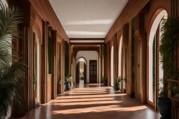 A home corridor with a Mediterranean or Spanish villa influence.