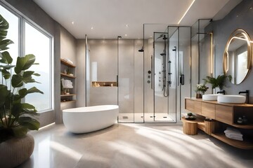 Fototapeta na wymiar A spa-like bathroom with a steam shower and heated floors.