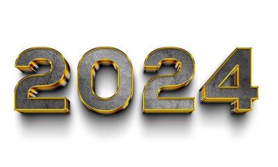 Happy New Year 2024. Golden 3D numbers with ribbons and confetti, isolated on a transparent background.