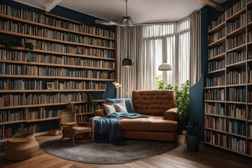 A reading nook with built-in bookshelves and a cozy chair. - obrazy, fototapety, plakaty
