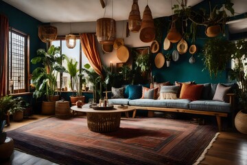 A Bohemian-inspired living space with eclectic decor. - obrazy, fototapety, plakaty