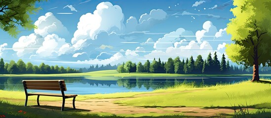Summer is the perfect time for enjoying natures beauty with its lush green grass and towering trees reaching towards the blue sky Find relaxation by the lake where the sun shines and fluffy