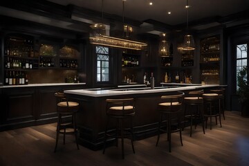 A home bar with a counter and barstools.