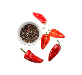 Ripe red hot chili peppers vegetable isolated on cutout PNG transparent background.