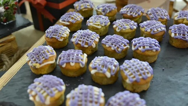 Basbousa bites with lavender topping, Arabic mini bites sweets