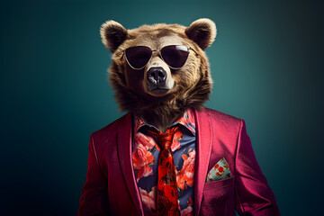 Cool looking bear wearing funky fashion dress - jacket, tie, sunglasses, plain colour background, stylish animal posing as supermodel