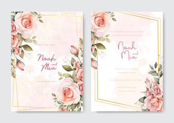 Wedding invitation template with pink rose and gold lines frame
