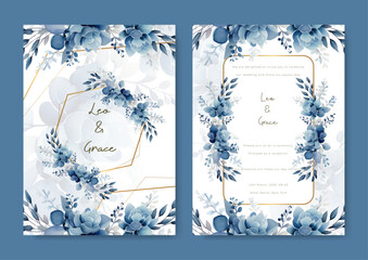 Wedding invitation template with blue rose and border gold lines and white background