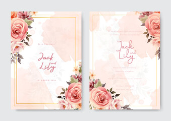 Pink roses with gold frame wedding invitation template.
