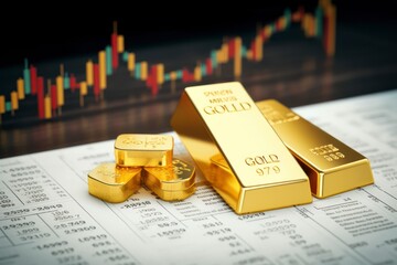 Gold Bar Against Market Graphs Represents Wealth Through Shrewd Investing and Economic Awareness