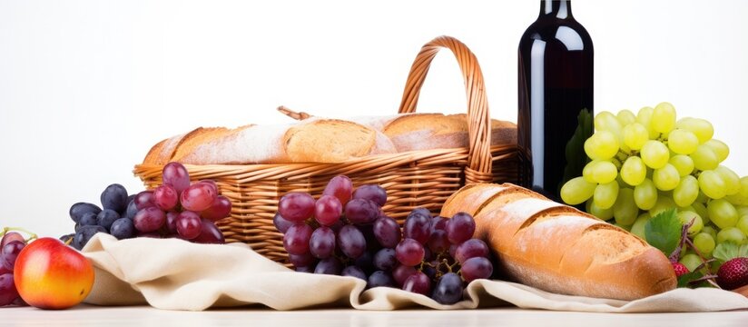 Basket containing fruit bread and red wine