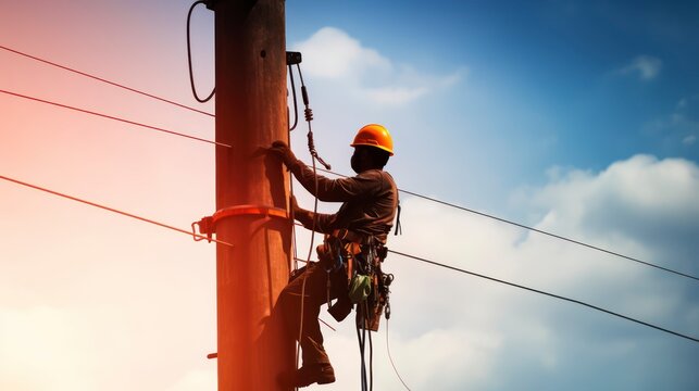 Electrician Climbing Utility Pole Represents Hard Work and Dedication in Maintaining Essential Infrastructure