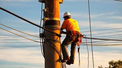 Electrician Climbing Utility Pole Represents Hard Work and Dedication in Maintaining Essential Infrastructure - obrazy, fototapety, plakaty