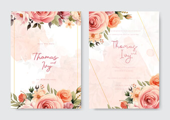 Wedding invitation template with pink rose and gold lines with watercolor spark
