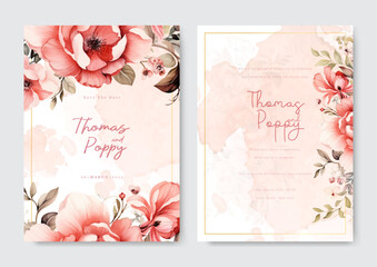 Wedding invitation template with pink rose and watercolor spark backgrounf