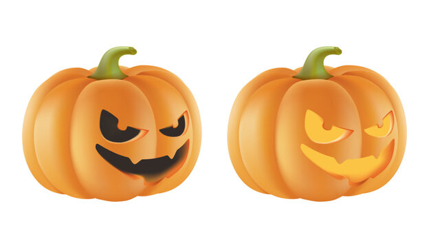 3D halloween pumpkins, funny faces. Autumn holidays. 3D Vector illustration EPS10. 3D realistic funny smiling pumpkin with a cheerful face, Helloween