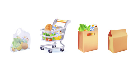 3D Shopping bags and baskets vector illustrations set. 3D Grocery purchases, paper and plastic packages, turtle bags with products. 3D Natural food, organic fruits, vegetable. Department store goods - obrazy, fototapety, plakaty