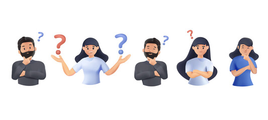 Collection of portraits of thoughtful people 3D character. Bundle of smart men and women thinking or solving problem. Set of pensive boys and girls surrounded, thought bubbles. 3D vector illustration