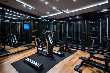 Fototapeta na wymiar A home gym with cardio equipment and mirrored walls.