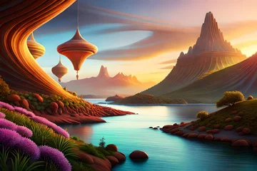 Foto op Canvas A 3D rendering of fantastical and alien backgrounds, surreal landscapes with strange flora and fauna, a sense of entering an otherworldly realm © usama