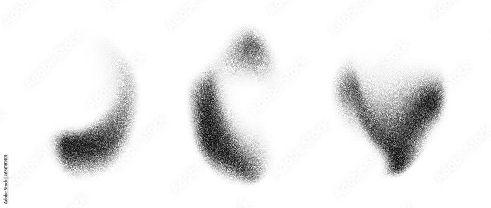Poster Abstract dotted smudge elements. Noise grain stippled gradient stains set. Black and white textured spray and sand dust spots. Halftone splatter forms collection. Vector dot work splash shapes pack
