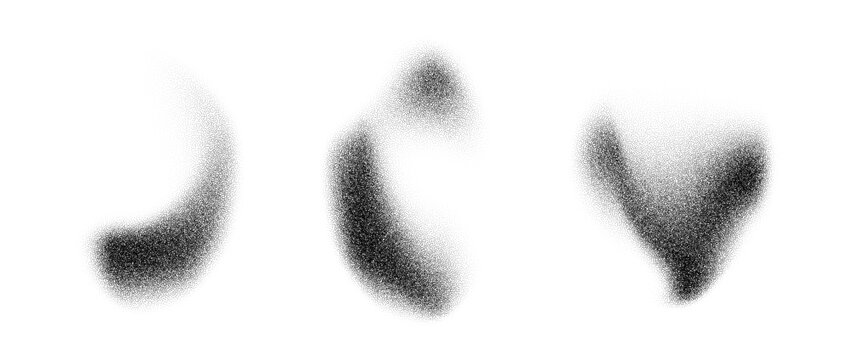 Abstract dotted smudge elements. Noise grain stippled gradient stains set. Black and white textured spray and sand dust spots. Halftone splatter forms collection. Vector dot work splash shapes pack