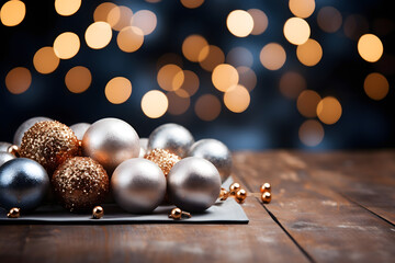 christmas tree decorations, santa claus with gifts, snowman in the snow, christmas gift boxes	