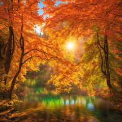 紅葉の水面に反射する太陽