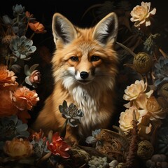 Fototapeta premium Cute fox with flowers on black background. Animal portrait in vintage style.