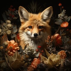 Red fox with flowers on black background, vintage style. Digital painting.