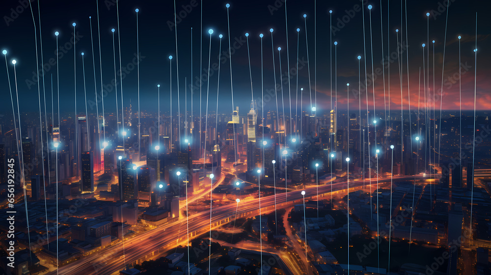 Poster cityscape with dot point connect for big data connection concept.
