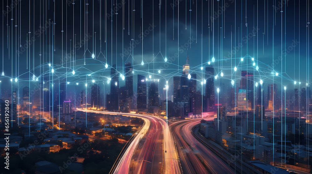 Poster cityscape with dot point connect for big data connection concept.