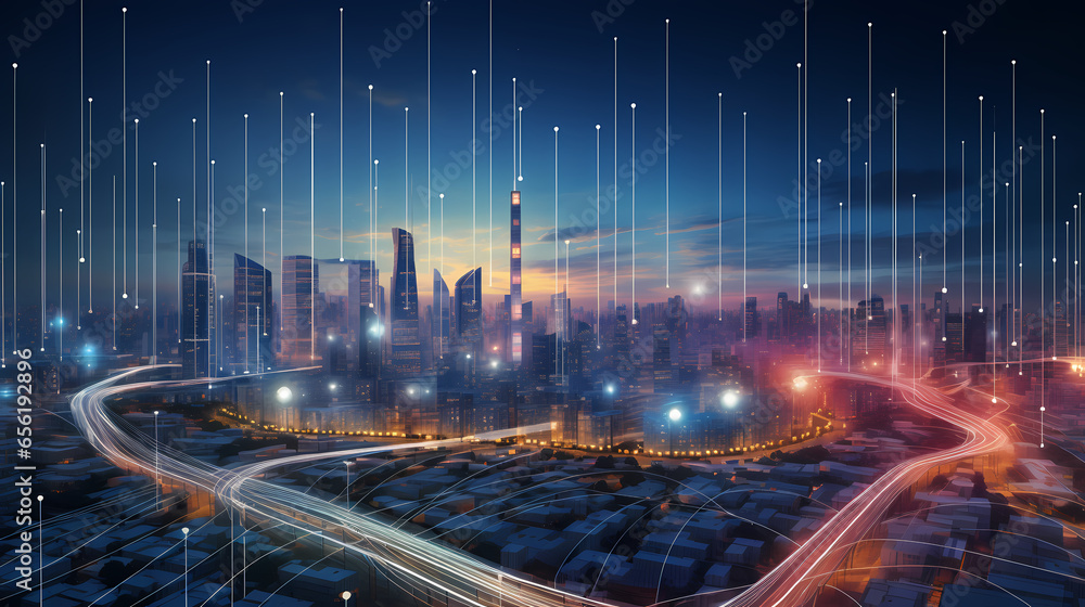 Poster cityscape with dot point connect for big data connection concept.