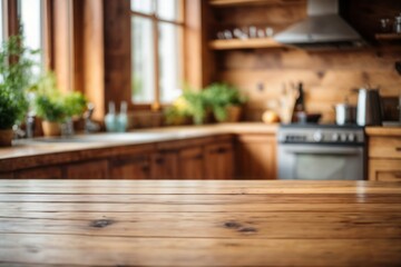Wooden table on blurred kitchen bench background. Empty wooden table and blurred kitchen background