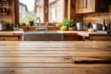 Wooden table on blurred kitchen bench background. Empty wooden table and blurred kitchen background