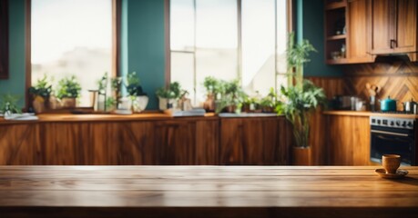 Wooden table on blurred kitchen bench background. Empty wooden table and blurred kitchen background