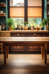 Wooden table on blurred kitchen bench background. Empty wooden table and blurred kitchen background